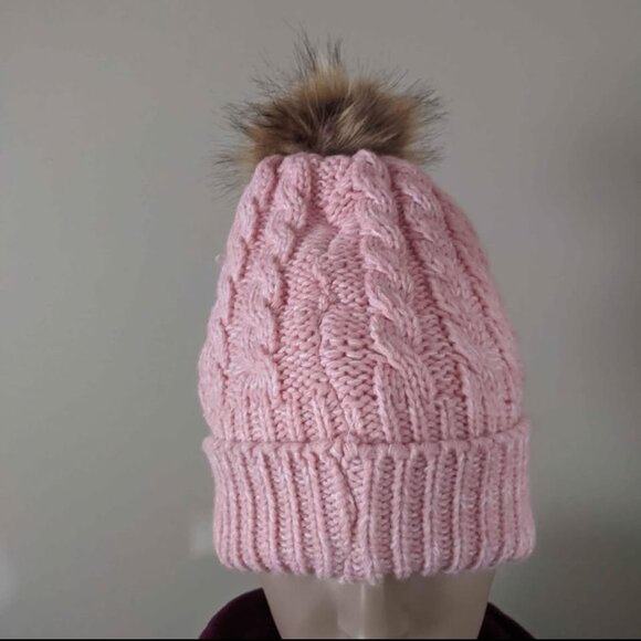 Cable knit pink beanie with pom pom hat - Picture 2 of 4
